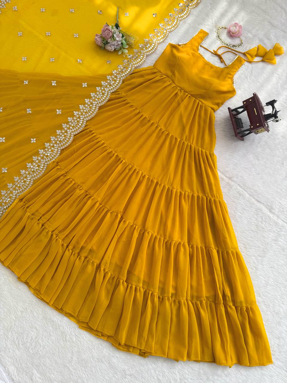 Lovely Yellow Georgette Lace Work Anarkali