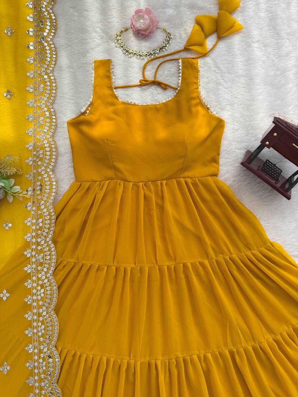 Lovely Yellow Georgette Lace Work Anarkali