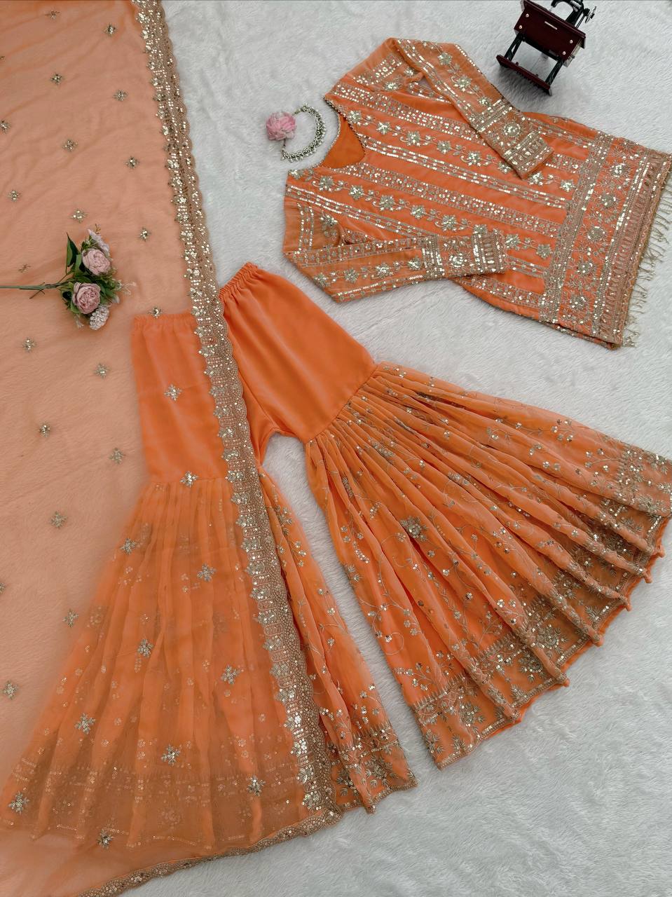 Lovely Orange Georgette Thread Work Sharara Suit