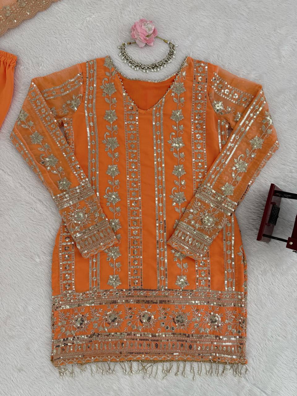 Lovely Orange Georgette Thread Work Sharara Suit