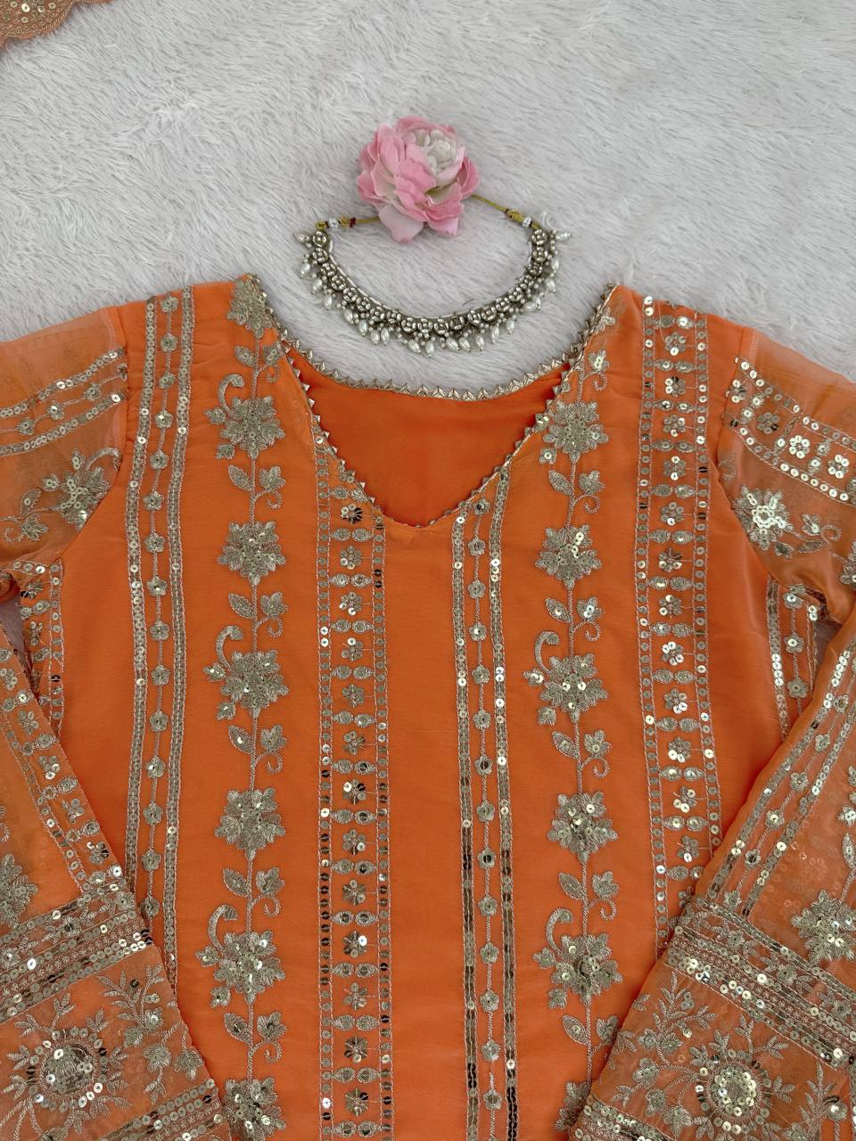 Lovely Orange Georgette Thread Work Sharara Suit