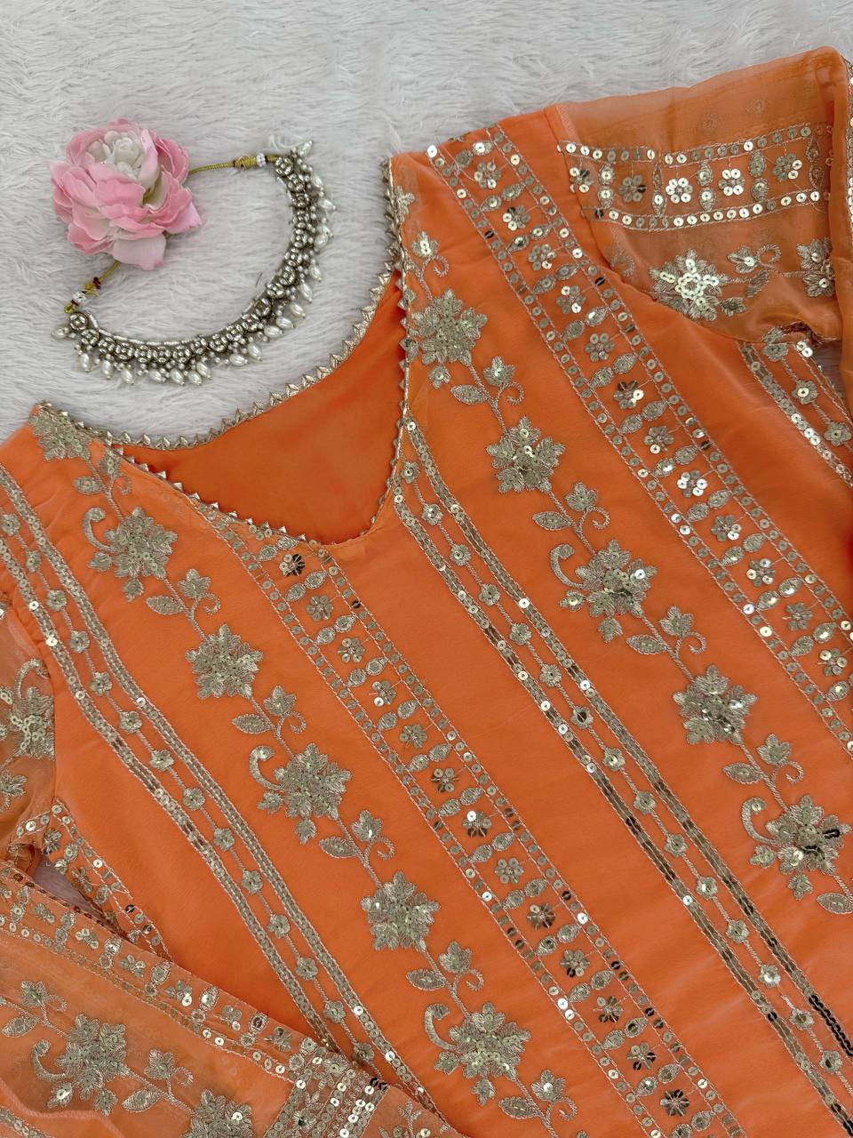 Lovely Orange Georgette Thread Work Sharara Suit