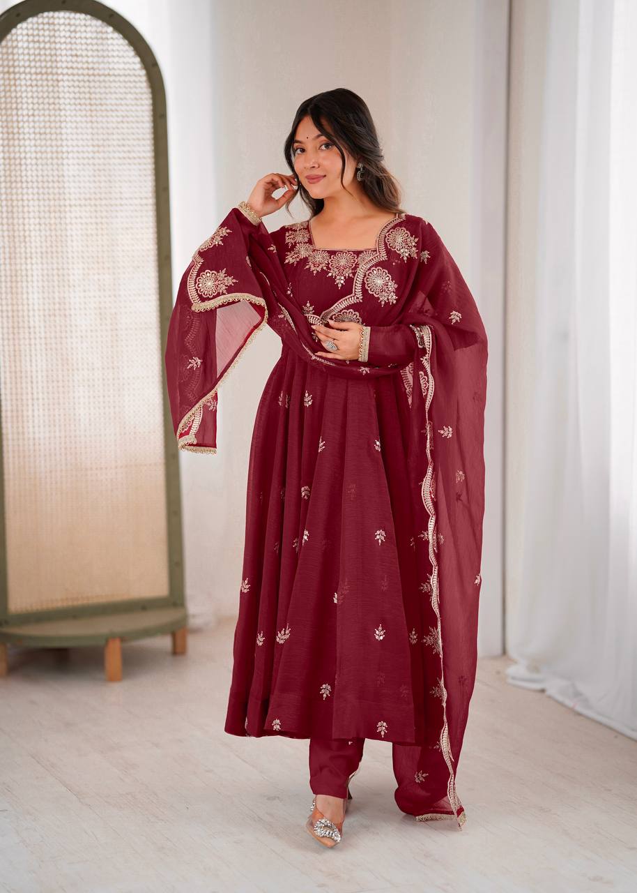 Ravishing Maroon Crunchy Silk with Embroidery Work Gown