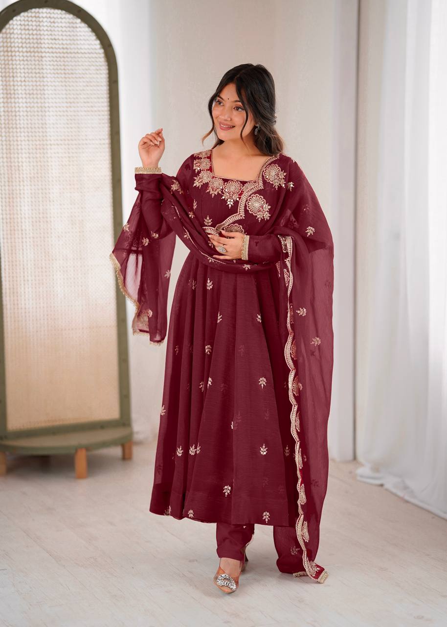 Ravishing Maroon Crunchy Silk with Embroidery Work Gown