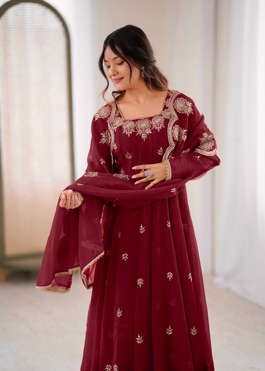 Ravishing Maroon Crunchy Silk with Embroidery Work Gown