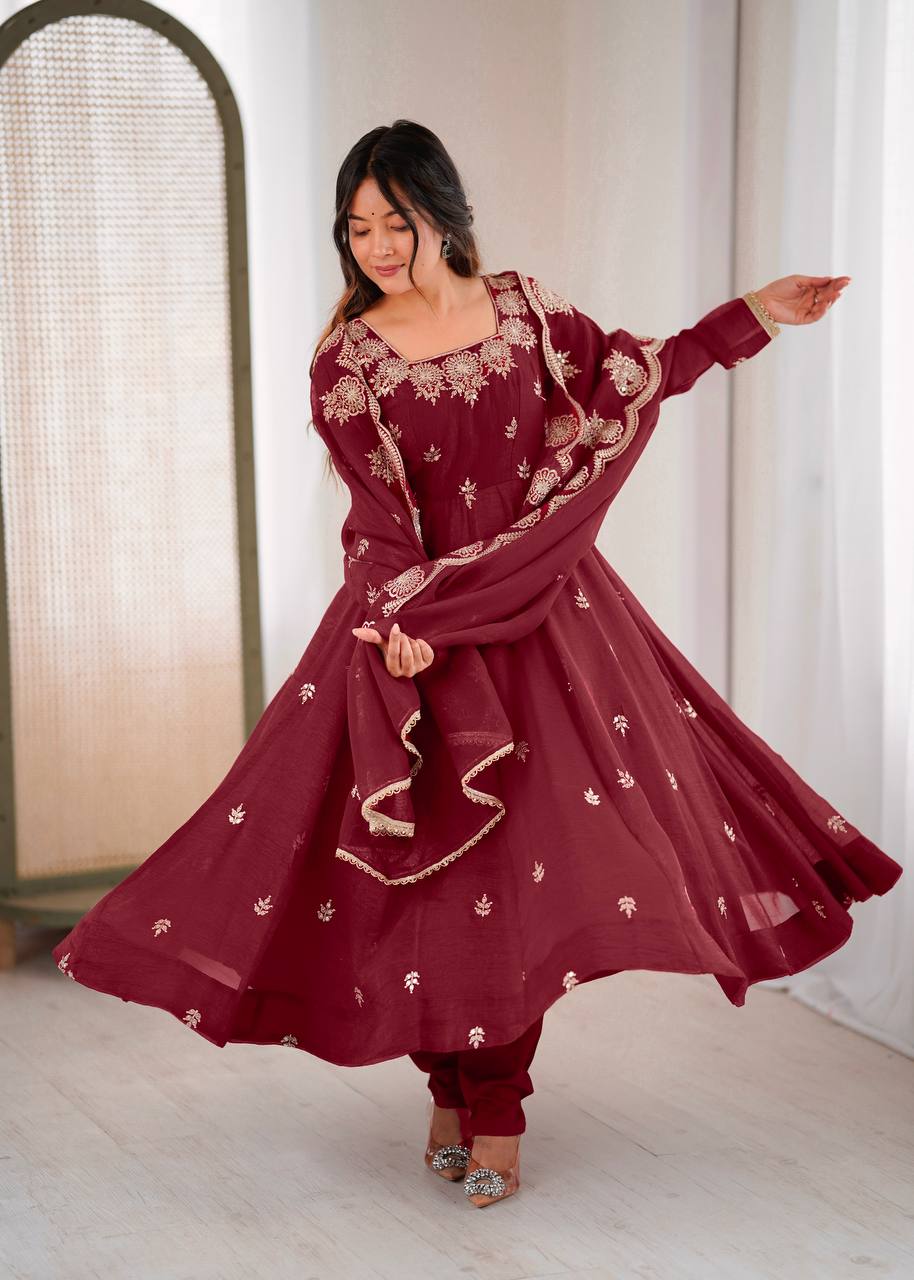 Ravishing Maroon Crunchy Silk with Embroidery Work Gown