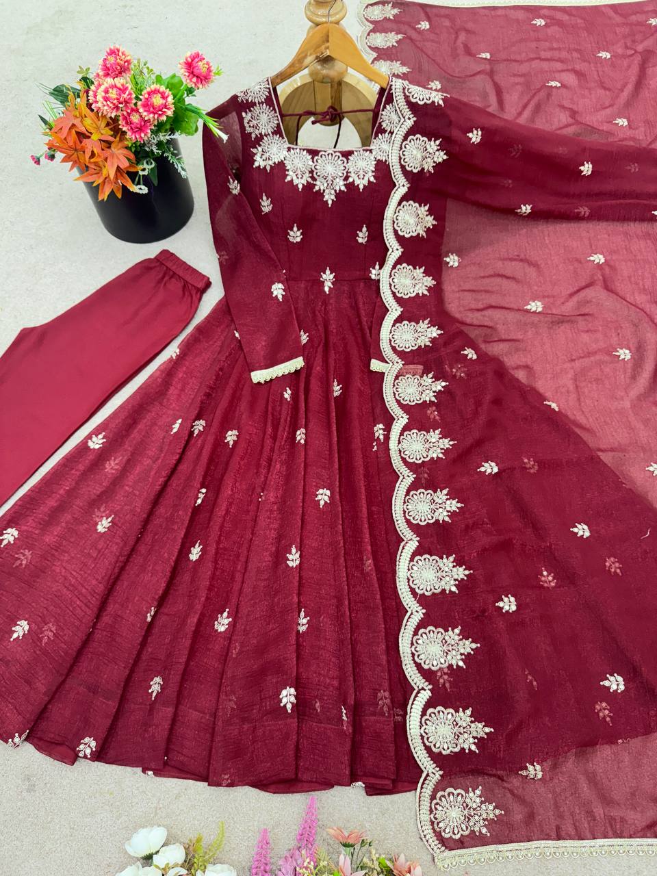 Ravishing Maroon Crunchy Silk with Embroidery Work Gown