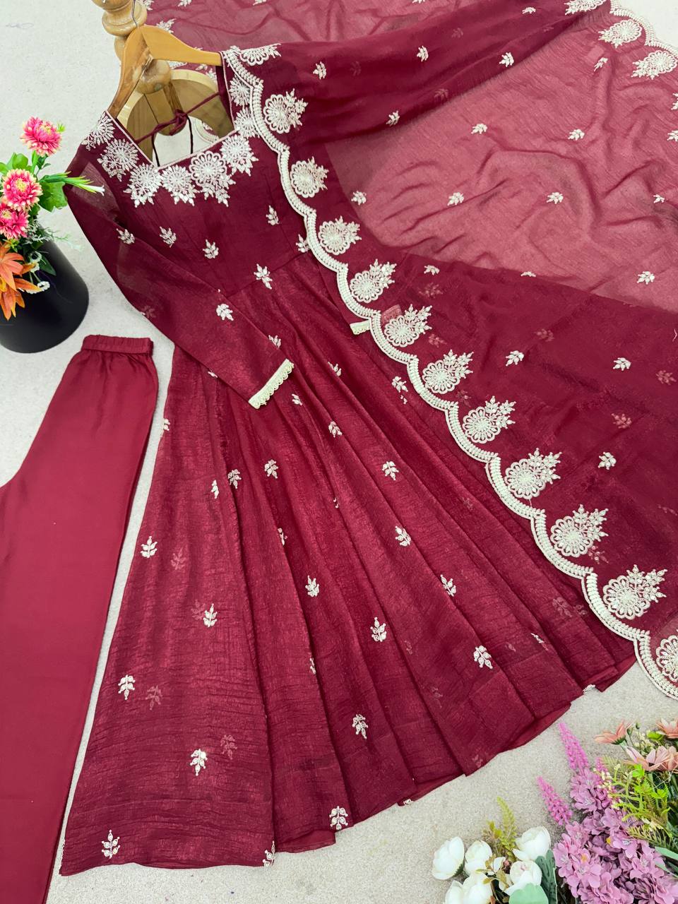 Ravishing Maroon Crunchy Silk with Embroidery Work Gown