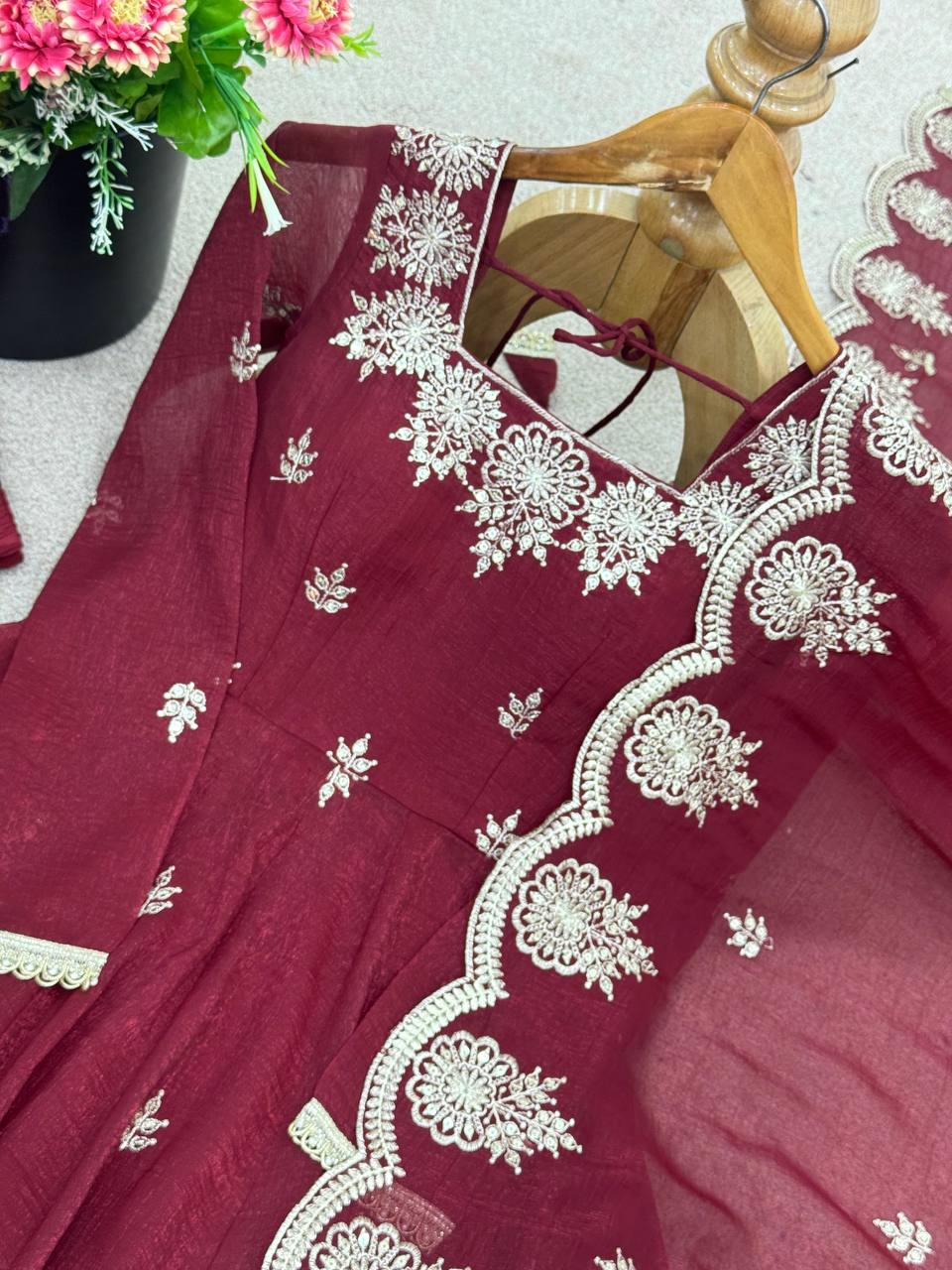 Ravishing Maroon Crunchy Silk with Embroidery Work Gown