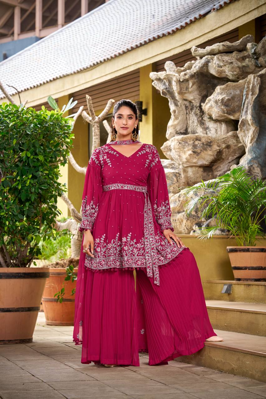 Stylish Pink Georgette Embroidery Work Palazzo Suit