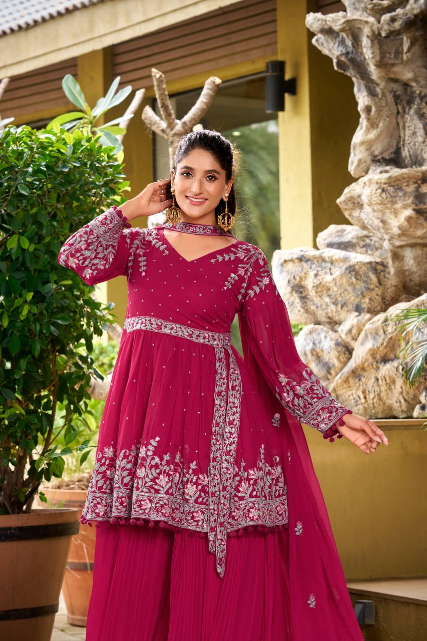 Stylish Pink Georgette Embroidery Work Palazzo Suit