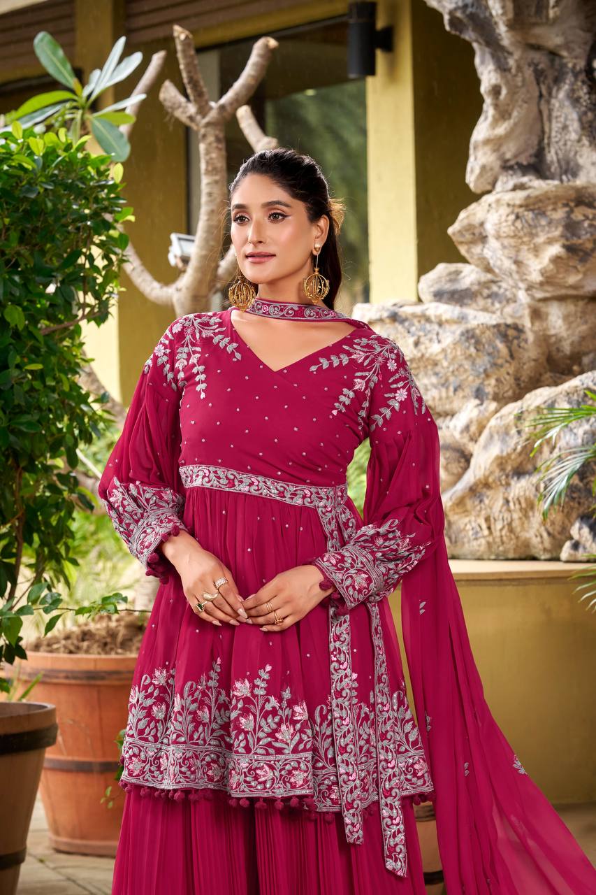 Stylish Pink Georgette Embroidery Work Palazzo Suit