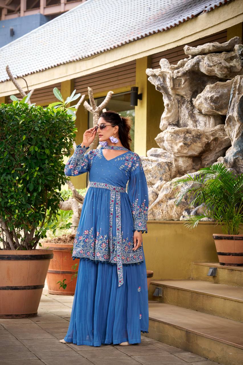 Stylish Pink Georgette Embroidery Work Palazzo Suit