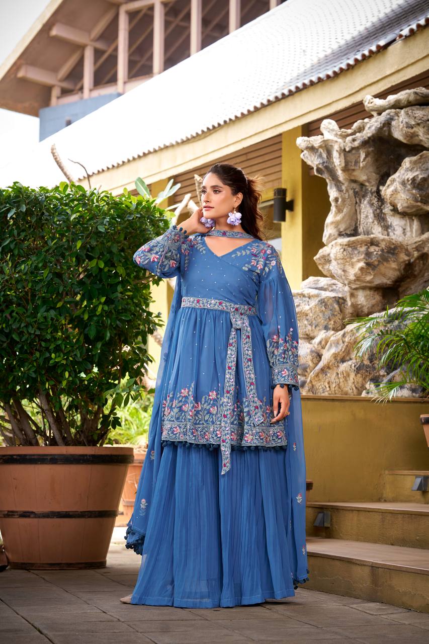 Stylish Pink Georgette Embroidery Work Palazzo Suit