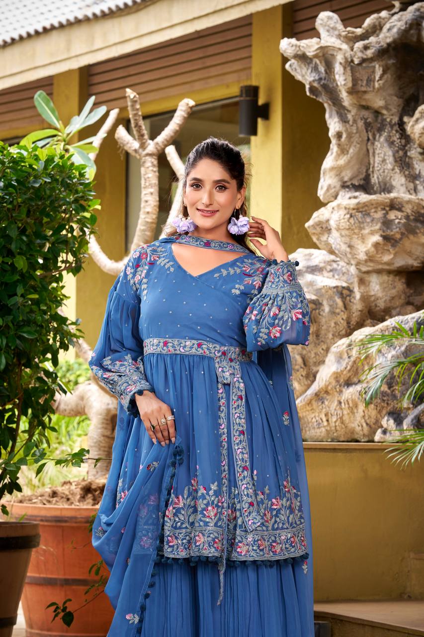 Stylish Pink Georgette Embroidery Work Palazzo Suit