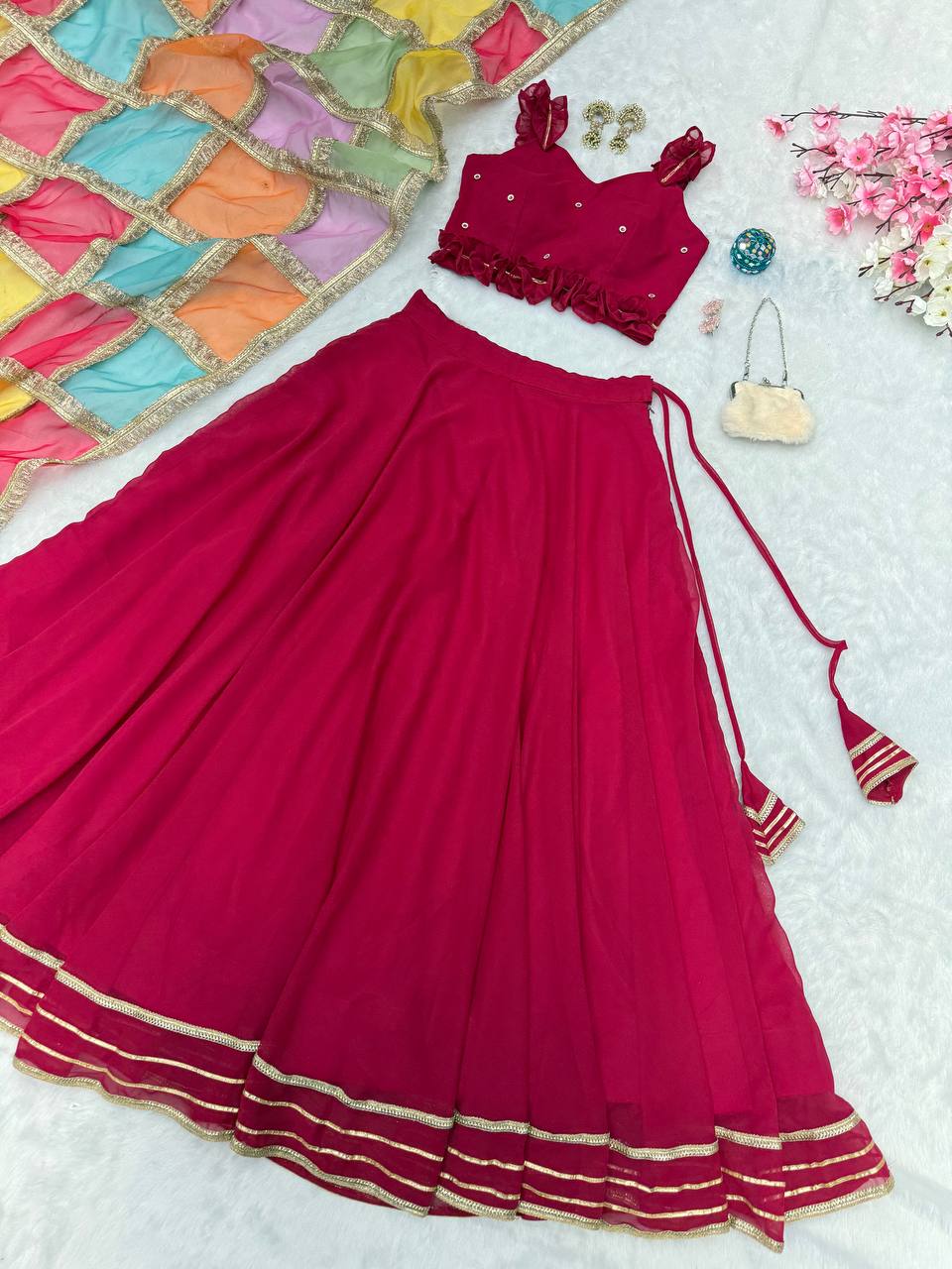 Ravishing Red Georgette Handcrafted Lehenga Choli