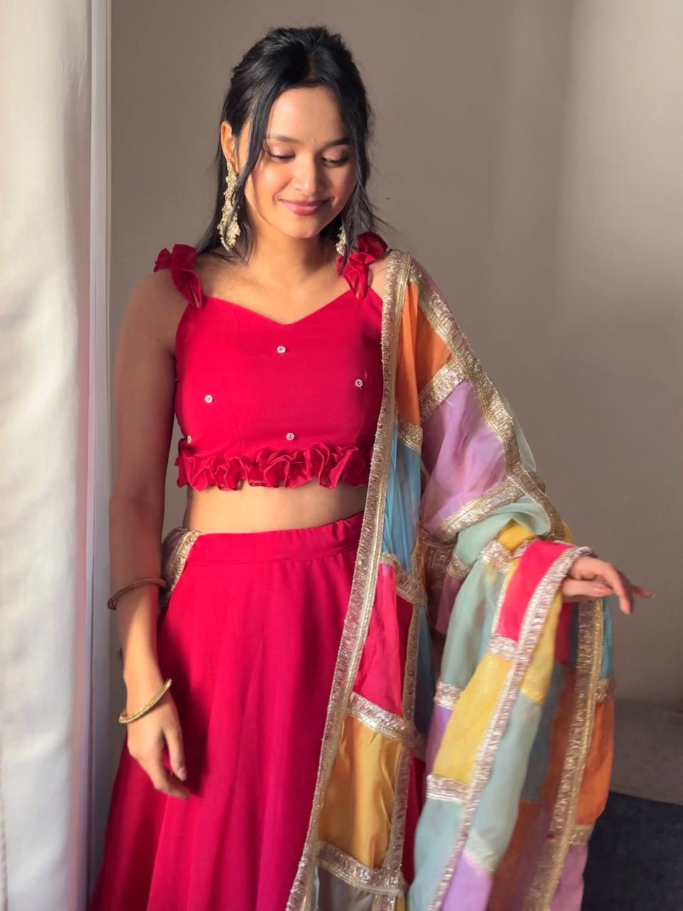 Ravishing Red Georgette Handcrafted Lehenga Choli