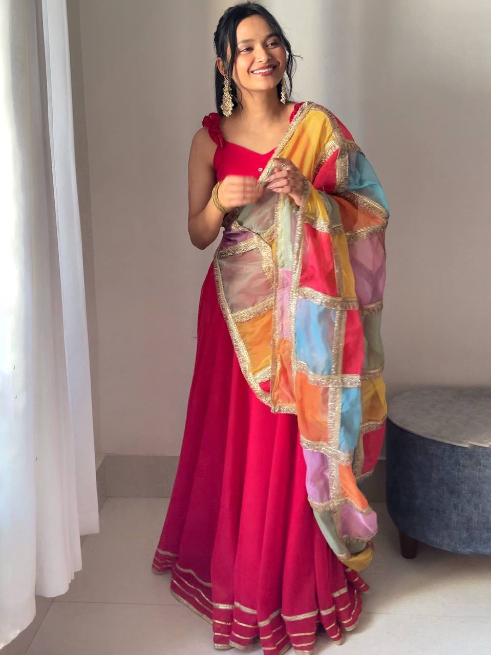 Ravishing Red Georgette Handcrafted Lehenga Choli