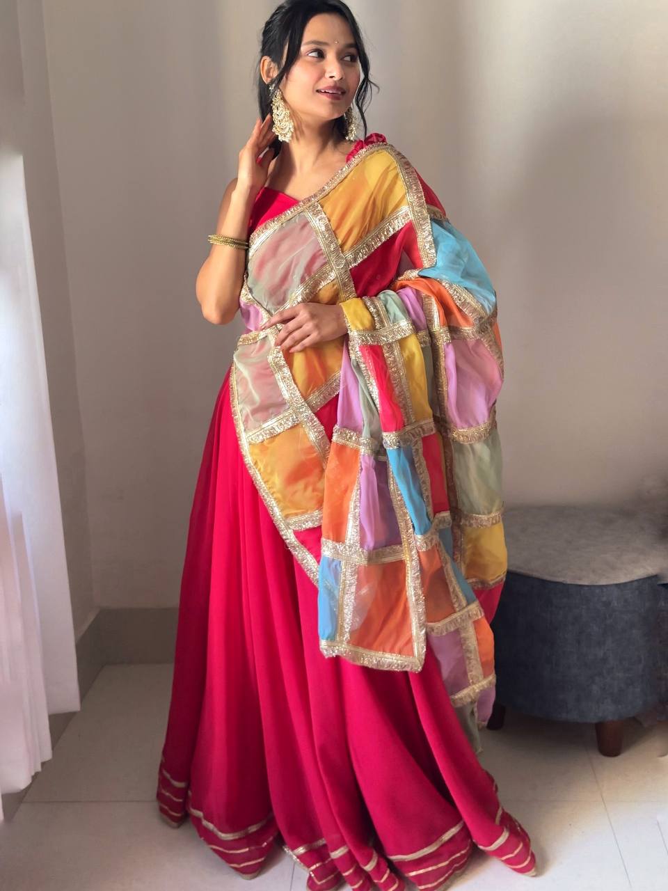 Ravishing Red Georgette Handcrafted Lehenga Choli