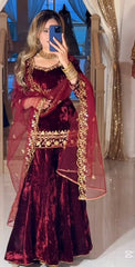 Charming Red Velvet Sequence Work Sharara Suit