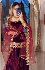 Charming Red Velvet Sequence Work Sharara Suit