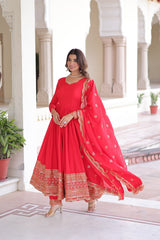 Pretty Red Silk with Embroidered Work Gown