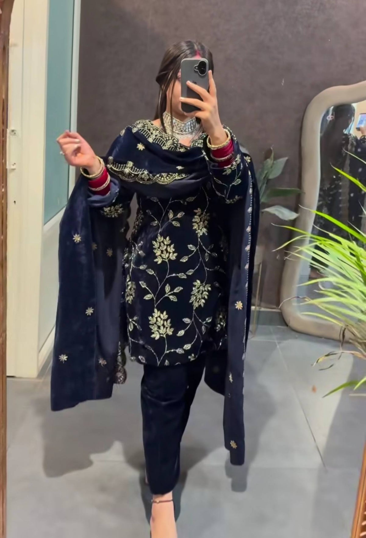 Ravishing Blue Velvet with Sequence Work Suit