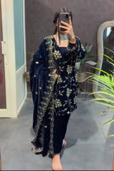 Pretty Blue Velvet Embroidery Work Palazzo Suit