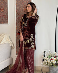 Ravishing Maroon Velvet Sequence Work Farshi Salwar