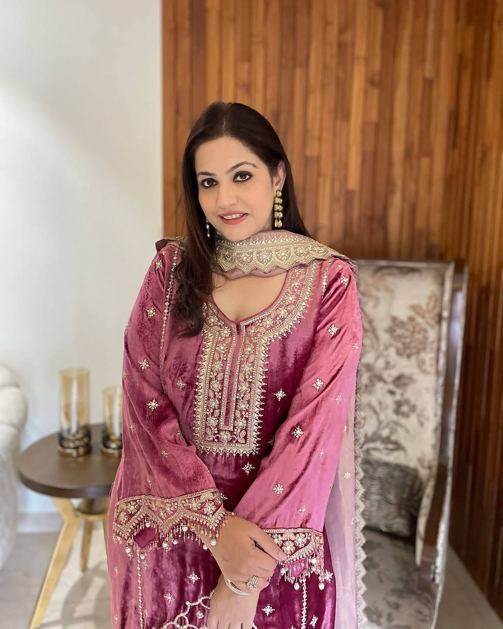 Lovely Maroon Velvet Sequence Work Palazzo Suit