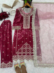 Lovely Maroon Velvet Sequence Work Palazzo Suit