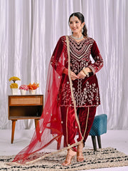 Ravishing Maroon Velvet Embroidery Dhoti Suit