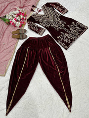 Stylish Maroon Velvet Embroidery Work Dhoti Suit