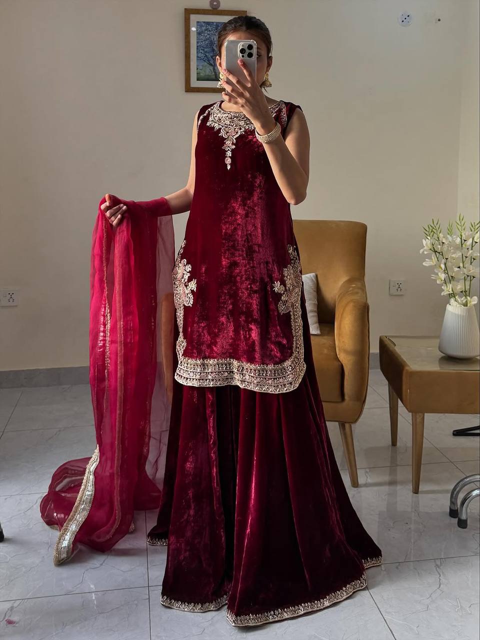 Exclusive Maroon Velvet with Embroidery Work Palazzo Suit