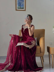 Exclusive Maroon Velvet with Embroidery Work Palazzo Suit