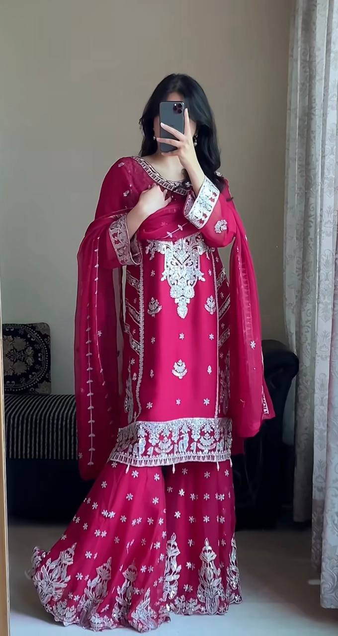 Gorgeous Pink Georgette Embroidery Work Sharara Suit