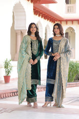 Pretty Blue Velvet with Zari Work Palazzo Suit