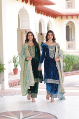Pretty Blue Velvet with Zari Work Palazzo Suit