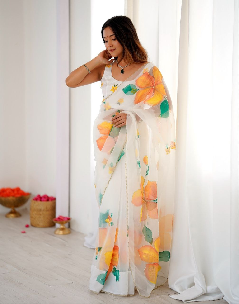 Daisy White Taby Silk Work Saree