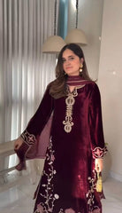 Lovely Maroon Velvet Sequence Work Palazzo Suit