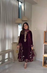 Lovely Maroon Velvet Sequence Work Palazzo Suit