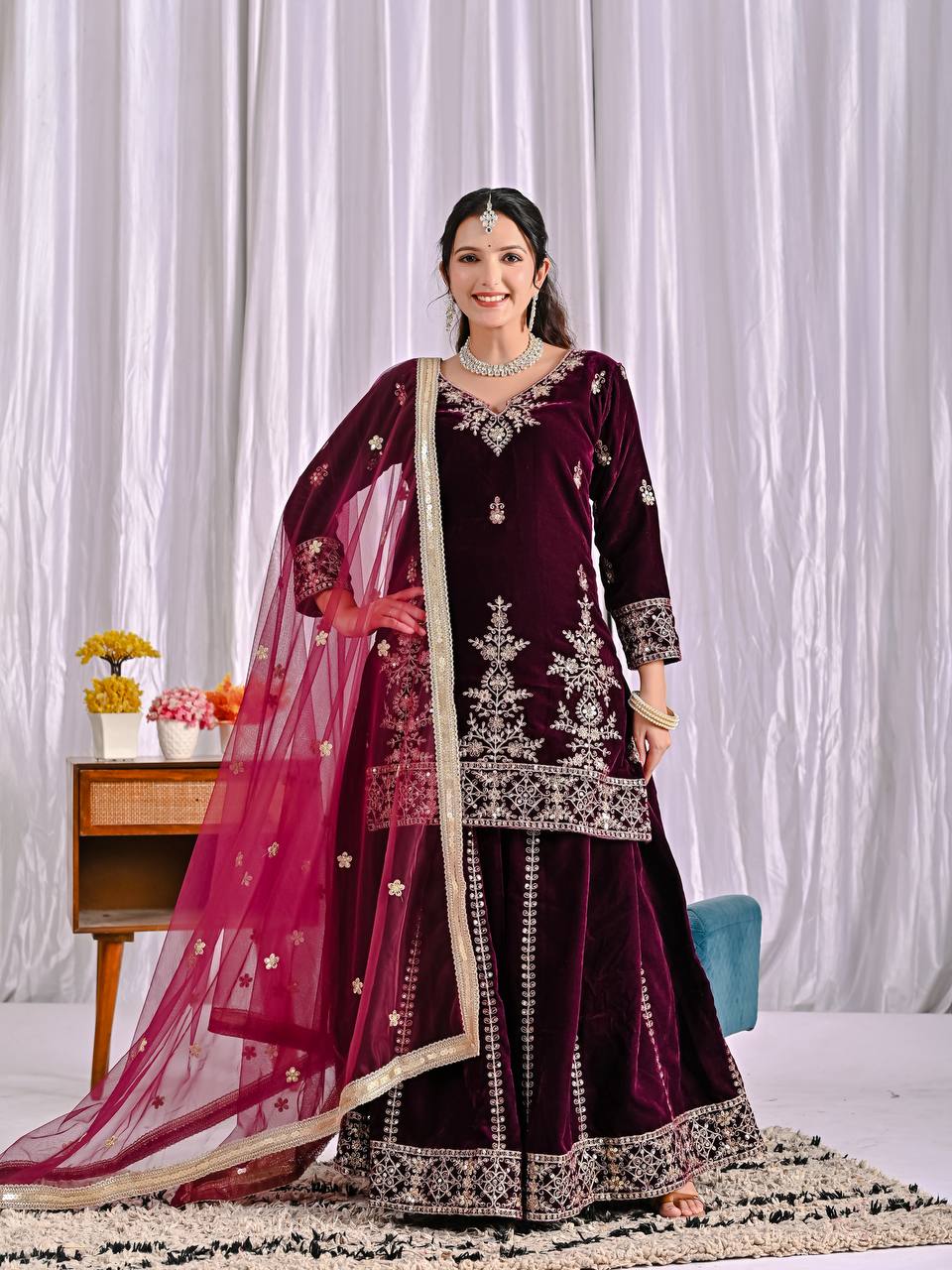 Ravishing Maroon Velvet Sequence Work Sharara Suit