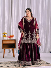 Ravishing Maroon Velvet Sequence Work Sharara Suit