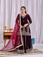 Ravishing Maroon Velvet Sequence Work Sharara Suit
