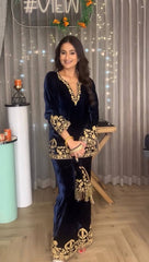Gorgeous Blue Velvet with Embroidery Work Palazzo Suit