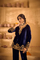 Gorgeous Blue Velvet with Embroidery Work Palazzo Suit
