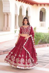 Glorious Maroon Vichitra Silk Thread Work Lehenga Choli