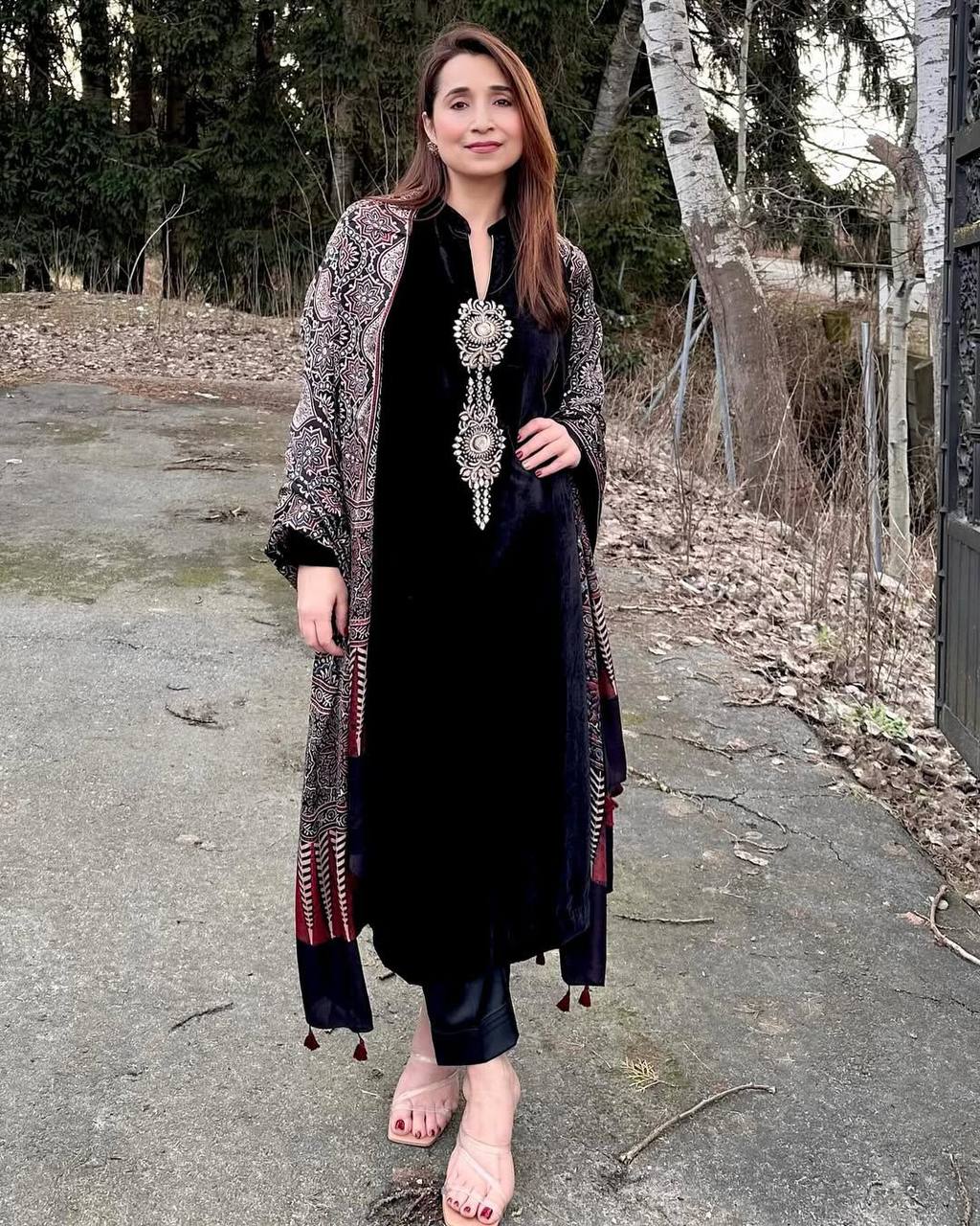 Lovely Black Velvet Sequence Work Palazzo Suit