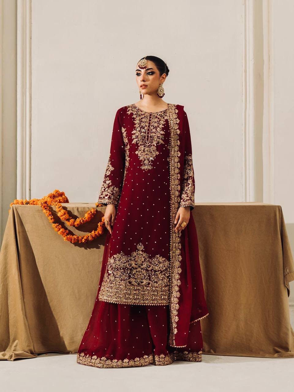 Trendy Maroon Velvet With Coding Work Sharara Suit