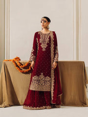 Trendy Maroon Velvet With Coding Work Sharara Suit
